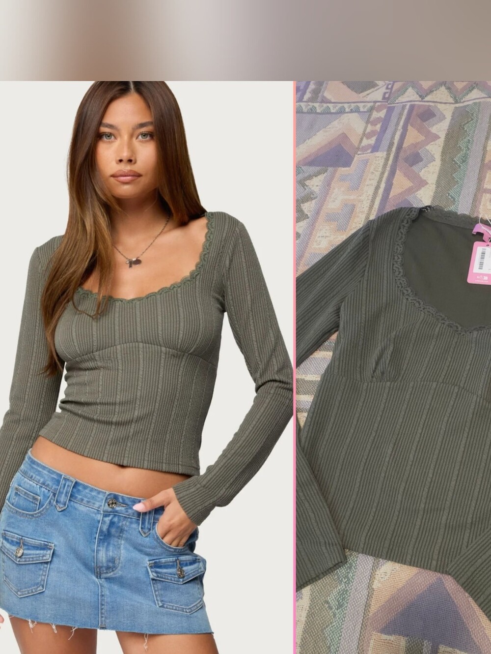 NWT Edikted Beatrix Lacey Ribbed V-neck Long Sleeve Top Size Large